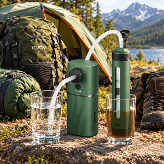 Green water filter with glasses of water and a black carrying bag on a white background
