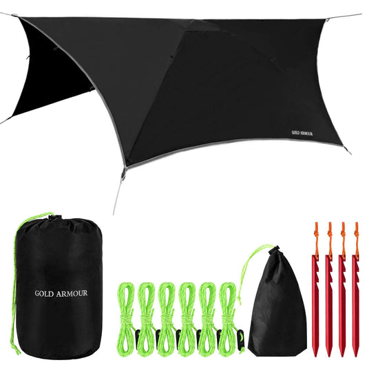 Gold Armour Rainfly Tarp for Hammock and for Tent Camping Essentials Rain Fly Cover Waterproof Lightweight Camping Accessories Survival Camping Gear Camping Tent Accessories (Black)