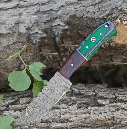 Viking Hunter Damascus Steel Hunting Knife with Gut Hook & Leather Sheath – 9"