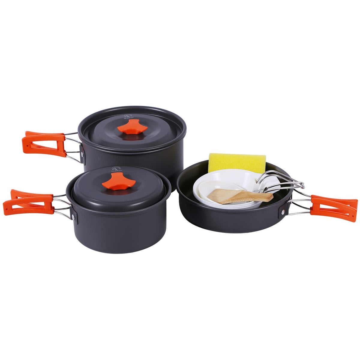 REDCAMP 14 PCS Camping Cookware Mess Kit Camping Gear Campfire Utensils Lightweight Stackable Pot Pan Bowls Soup Spoon with Storage Bag for Camping Backpacking Outdoor Cooking and Picnic Orange